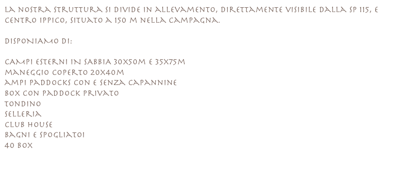 la nostra struttura si divide in allevamento, direttamente visibile dalla sp 115, e centro ippico, situato a 150 m nella campagna.

DISPONIAMO DI:

CAMPi esterni IN SABBIA 30x50m e 35x75m
maneggio coperto 20x40m
ampi paddocks con e senza capannine
box con paddock privato
tondino
selleria
club house
bagni e spogliatoi
40 box
